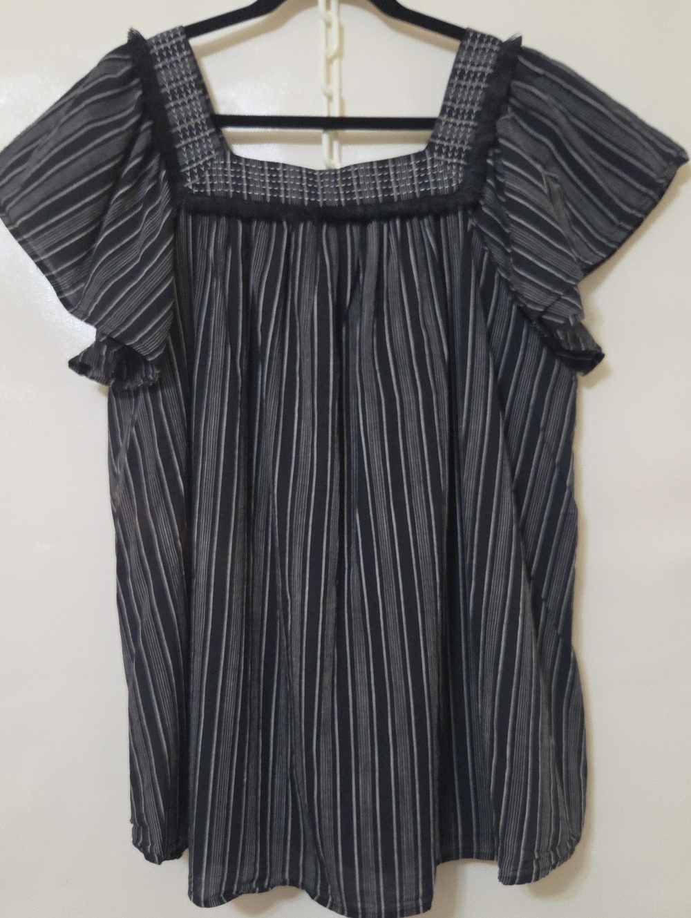 Isabel Maternity Women's Black Striped Smocked Fringe Yoke Cotton Blouse-Size L